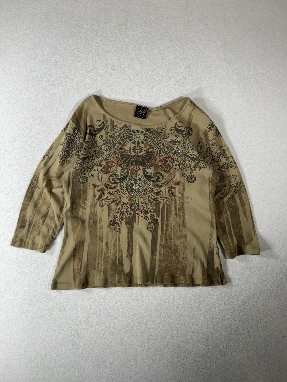 Y2K Katina Marie Rhinestone Graphic 3/4 Sleeve Top Brown Size M